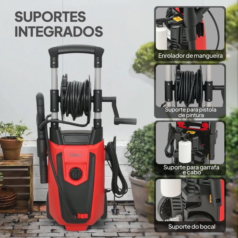 Outsunny Lavadora de Alta Pressão 1800W 150 Bar Caudal 420 L/h com Paragem Automática Mangueira de 6 m 30x27,5x76 cm Vermelho