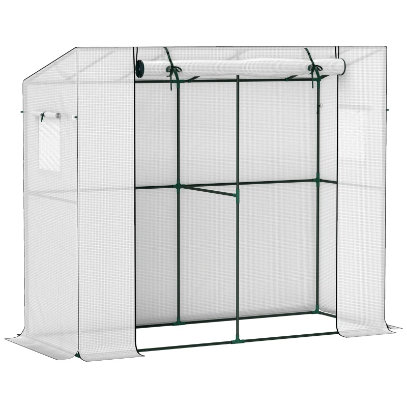 Outsunny Mini-Gewächshaus, Anlehn-Gewächshaus mit Rolltür und Netzfenstern, UV-beständig, für Blumen, Setzlinge, Pflanzen, Weiß