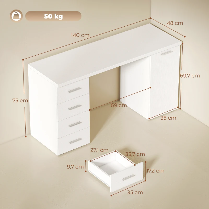 HOMCOM Computertisch mit 4 Schubladen und Schrank, 140 cm Schreibtisch für Arbeitszimmer, Weiß Holzoptik