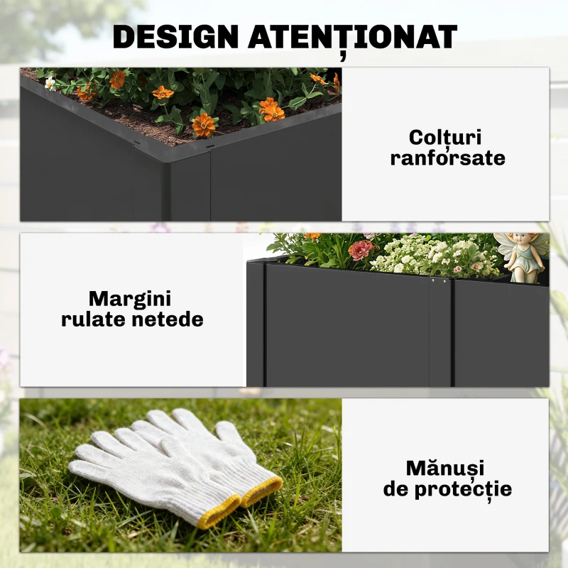 Outsunny Strat Înălțat pentru Grădină din Oțel, cu Separator, Colțuri Întărite și Margini Sigure, Bază Deschisă, Negru
