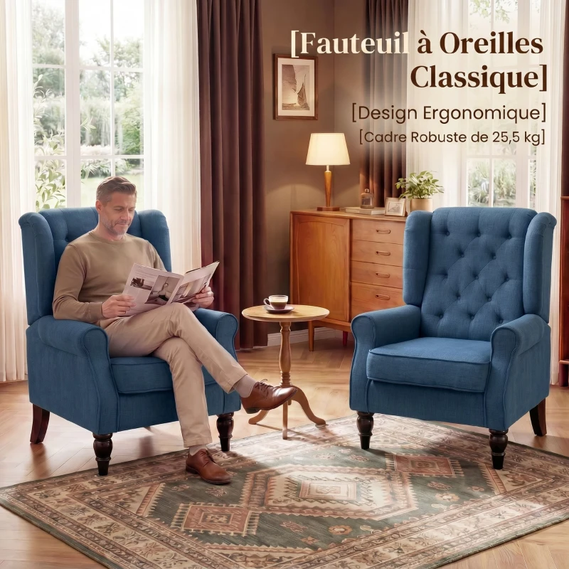 HOMCOM Fauteuil de Salon, Fauteuil Capitonné avec Pieds en Bois, Assise Large, Grand Confort, Classique, 74x86x102cm, Bleu(m-9)
