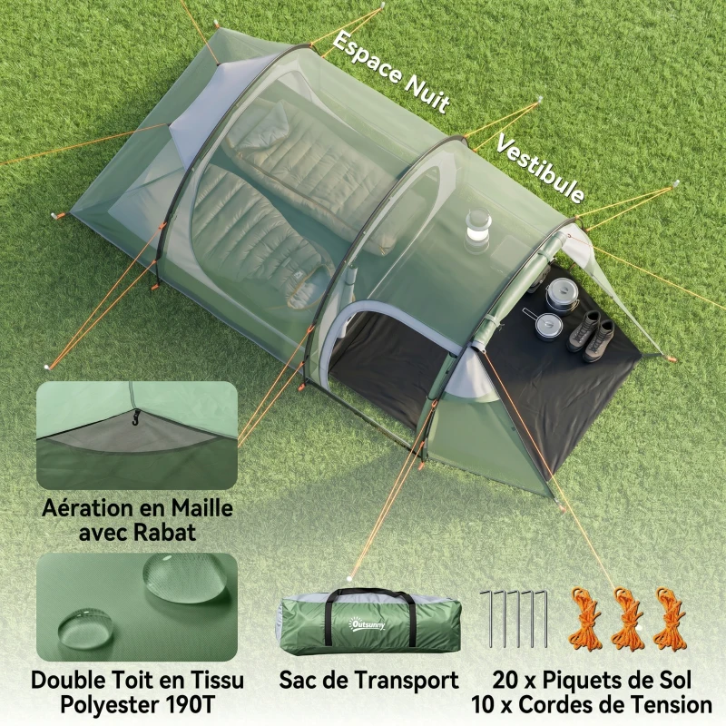 Outsunny Tente de camping familiale 2-3 personnes tente tunnel étanche légère ventilée facile à monter chambre salon 3 portes fenêtres 4,26 x 2,06 x 1,54 m fibre verre polyester PE vert