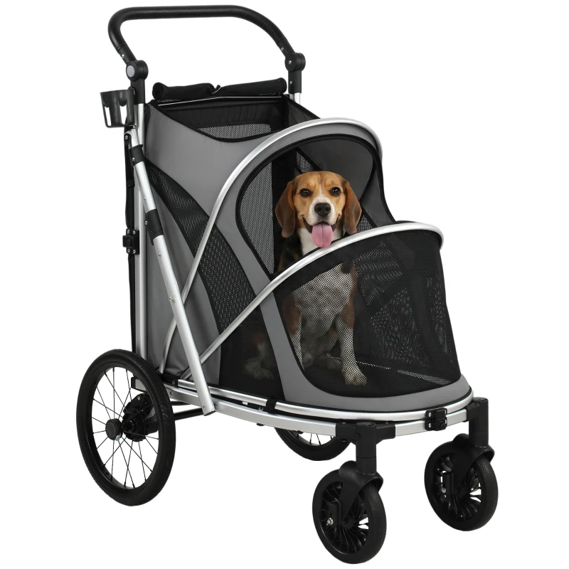PawHut Dog Stroller, Easy Folding Pet Stroller for Small and Medium Dogs with Shock Absorption, Maximum Load 20 kg, Grey