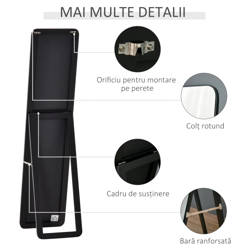 HOMCOM Oglindă de Podea și de Perete cu Cadru din Lemn și Suport Pliabil, 37x43x156 cm, Negru