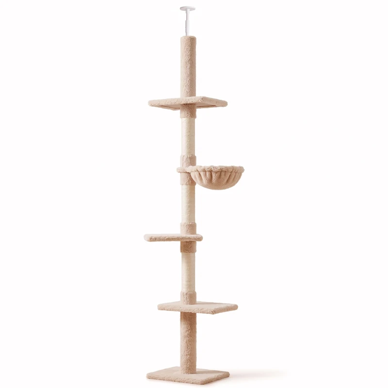 PawHut Arbre chat du sol au plafond poteau à griffer L40 x l 34 x H 230-260 cm 5 niveaux d'activités beige