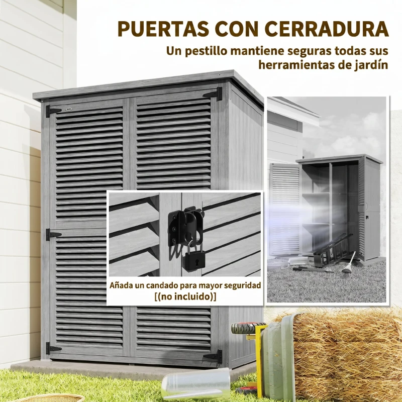 Outsunny Armario de Jardín 0,83 m² 127x65x168 cm con 2 Puertas de Persiana 2 Estantes 2 Asas y Techo Impermeable Gris