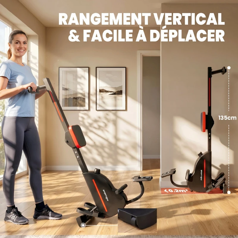 SPORTNOW Rameur Magnétique Appareil de Musculation Bluetooth Connecté Kinomap & Zwift 16 Niveaux de Résistance 135x42x72cm Rouge