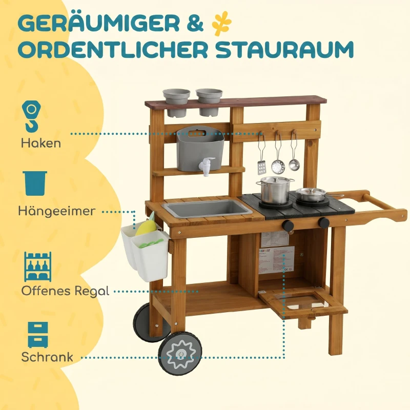 AIYAPLAY Matschküche Kinder Outdoor Spielküche aus Holz mit Wasserhahn Spüle Pflanzkasten Rädern Stauraum für 3-6 Jahre Braun
