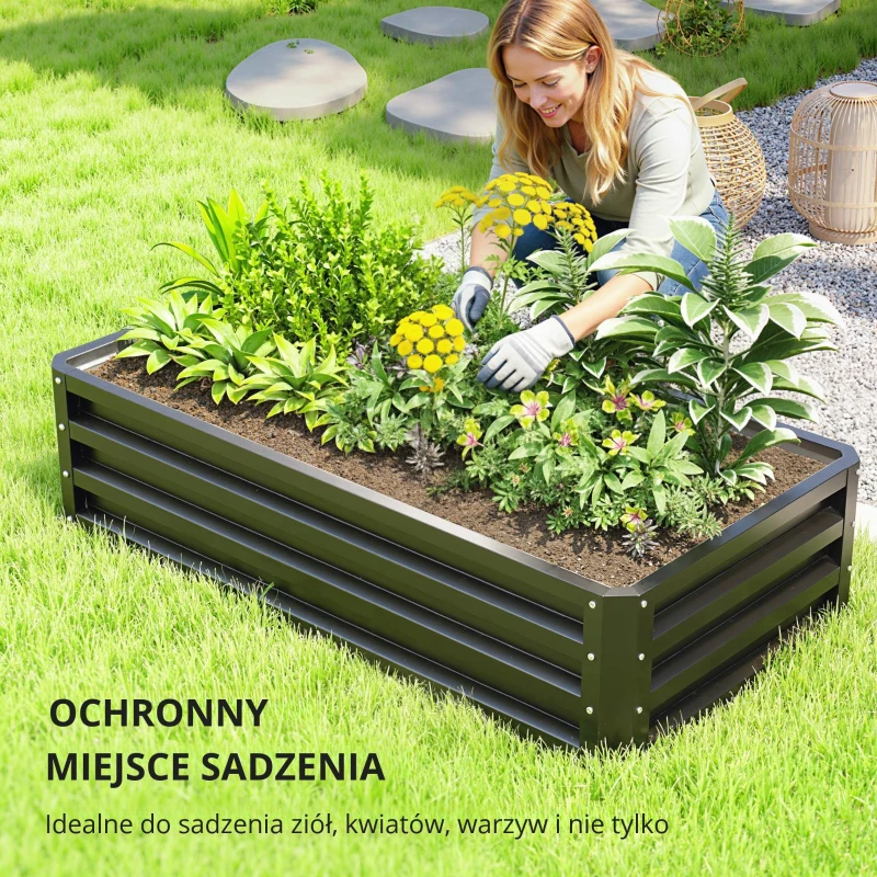 Outsunny Podwyższona grządka z pudełkiem na rośliny, odporna na warunki atmosferyczne, otwarta podłoga, ocynkowana stal, 120 cm x 60 cm x 30,5 cm, Szary