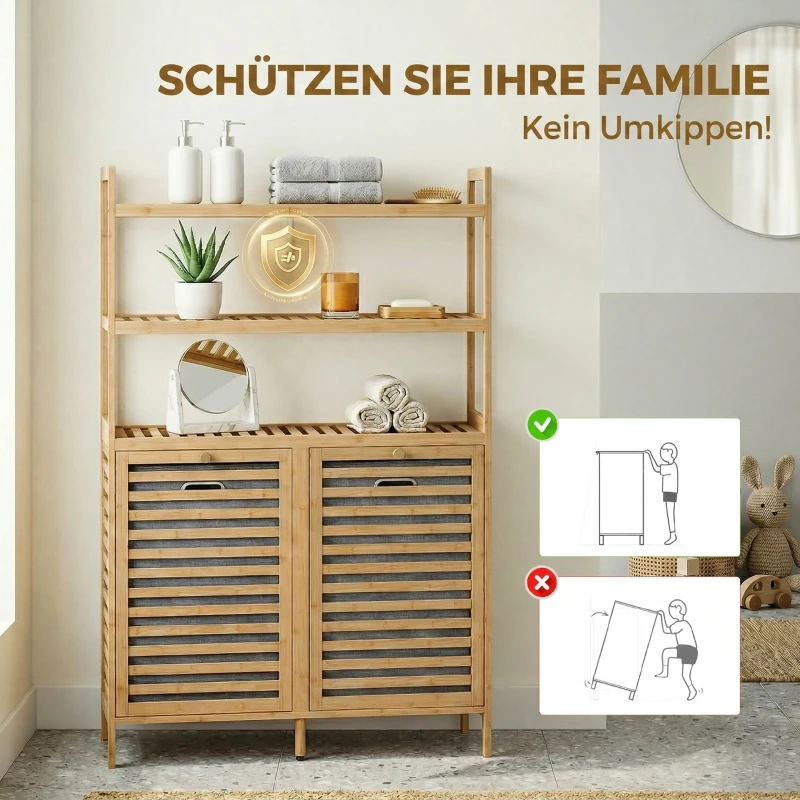 HOMCOM Doppel-Wäscheschrank mit Kippfunktion, freistehender Bambus-Schrank, 2 herausnehmbare Körbe, 3 Ablagefächer, Eiche