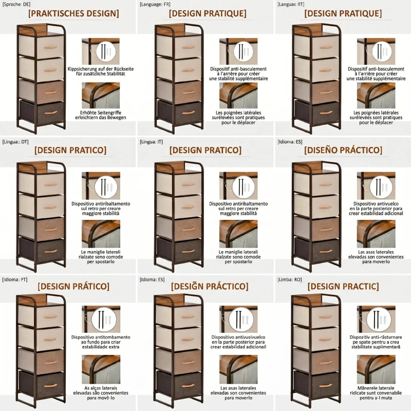 HOMCOM Comodă pentru Dormitor cu 4 Sertare Pliabile, Blat Superior din Lemn și Cadru Metalic, 31x29x99 cm, Multicolor