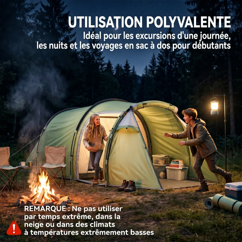 Outsunny Tente de camping familiale 2-3 personnes tente tunnel étanche légère ventilée facile à monter chambre salon 3 portes fenêtres 4,26 x 2,06 x 1,54 m fibre verre polyester PE vert