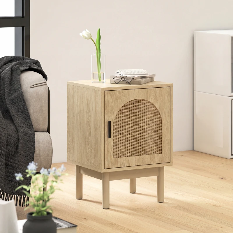 HOMCOM Rattan Bedside Table for Bedroom - Natural Wood