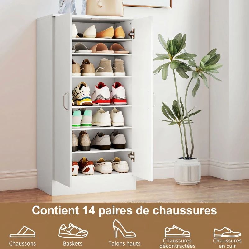 HOMCOM Meuble à chaussures 14 paires armoire à chaussures 7 niveaux avec 6 étagères réglables 2 portes à fermeture douce blanc(m-4)