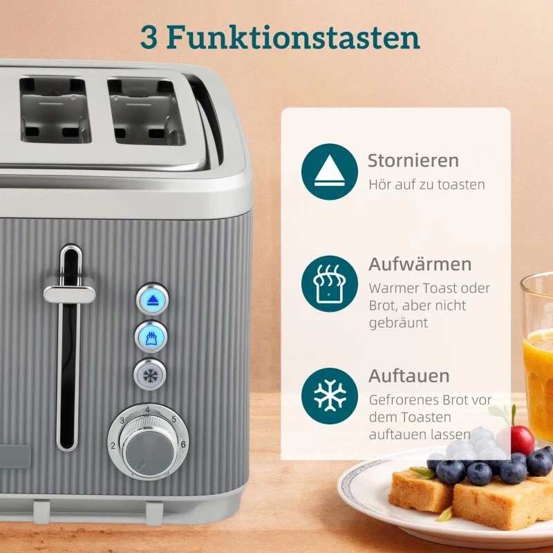 HOMCOM 2200W, 1,7L Wasserkocher mit Schnellkochfunktion, Entkalkungsfilter und 4-Scheiben-Toaster mit 7 Bräunungsstufen, Grau