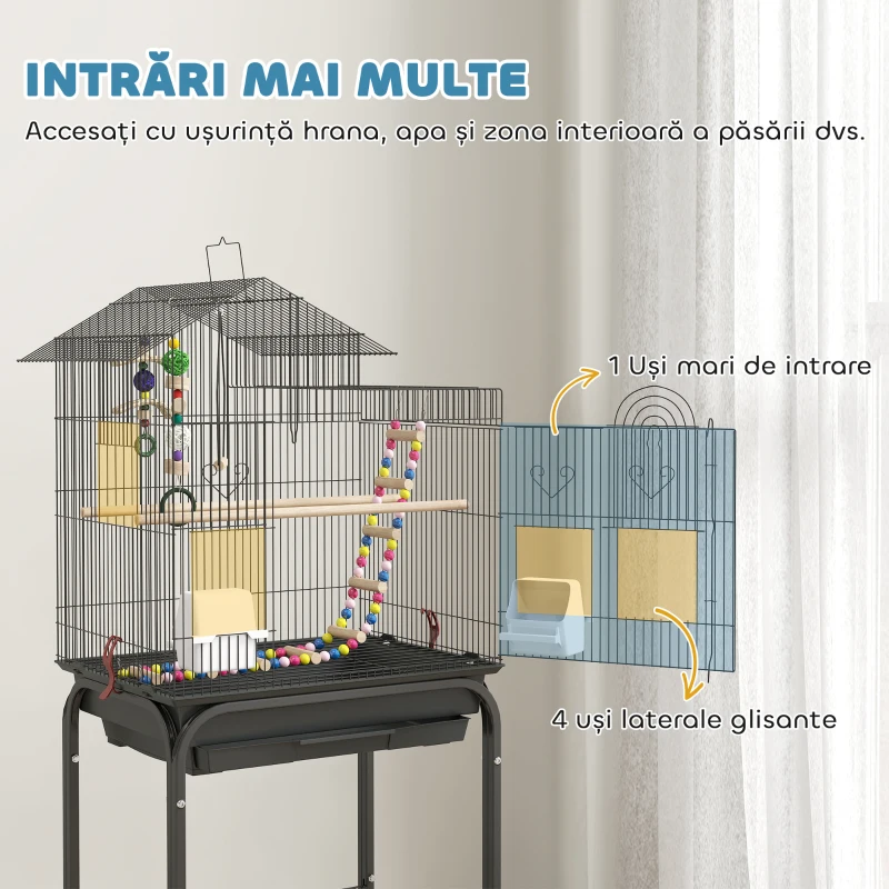 PawHut Colivie pentru Păsări cu Suport, Roți Pivotante, Raft și Accesorii, 46x36x120 cm, Negru