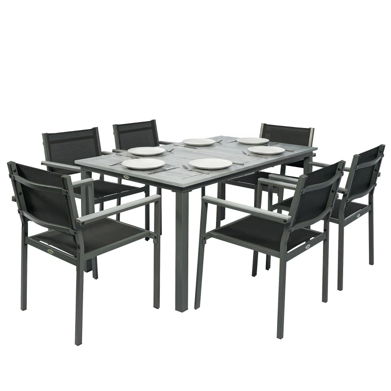 Outsunny Garden Dining Set with Acacia Wood Table Top, Outdoor Table and Stackable Chairs Set for 6 with Texteline Seat, Grey