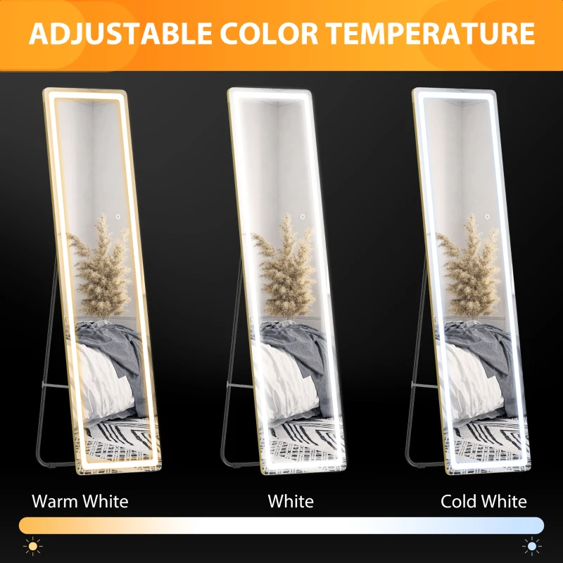 HOMCOM Specchio da Terra e da Parete con Luce LED Regolabile e Telecomando, 40x37x156.5cm
