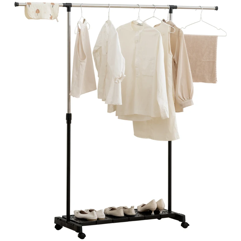 HOMCOM Tendedero Extensible con Ruedas con Barra de Acero Inoxidable y Estante para Zapatos 159x42x168 cm Negro y Plata