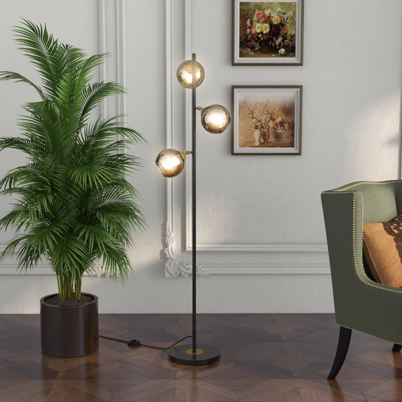 HOMCOM Lampadaire sur pied salon en métal avec 3 abat-jours globe métal chromé 40W Ø 36 x 162H cm noir et gris