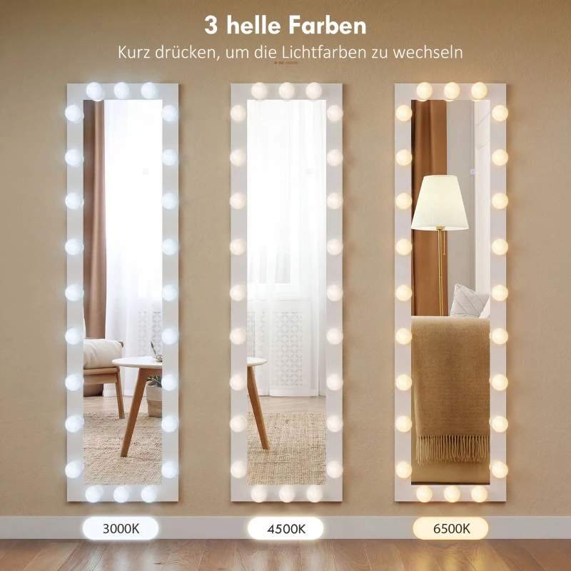 HOMCOM Ganzkörperspiegel 150x40 cm LED Spiegel mit 24 Glühbirnen 3 Lichtfarbe, freistehend oder anlehnbar Weiß