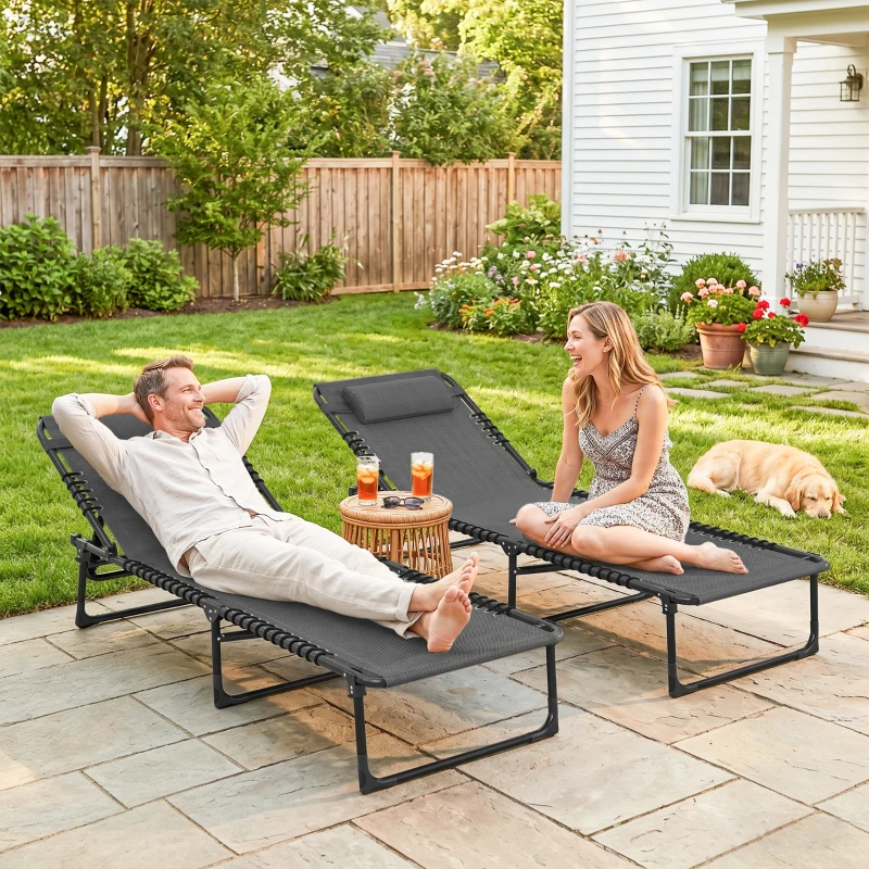 Outsunny Lot de 2 bain de soleil transat pliable dossier inclinable multi-positions acier lacets élastiques textilène gris