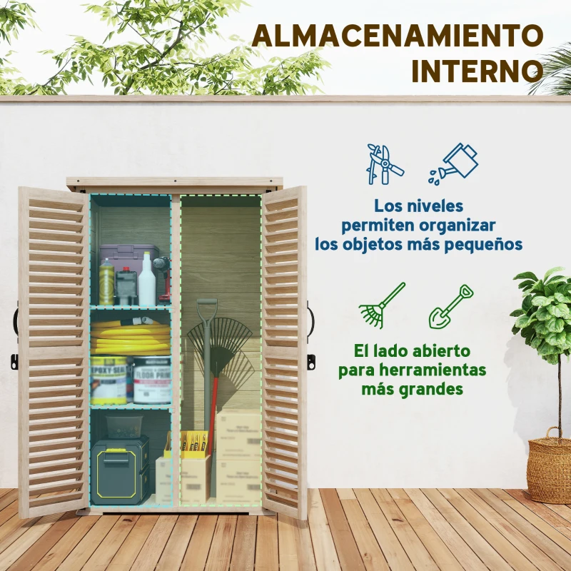 Outsunny Caseta de Jardín de Madera 75x50x118 cm Armario para Almacenaje de Herramientas con 2 Estantes y 2 Puertas Natural