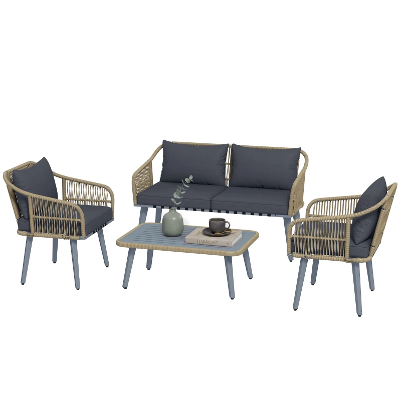 Outsunny 4 Piece Rattan Garden Furniture Set with Loveseat, Armchairs, Wood Table, Wicker Patio Conversation Set, Grey