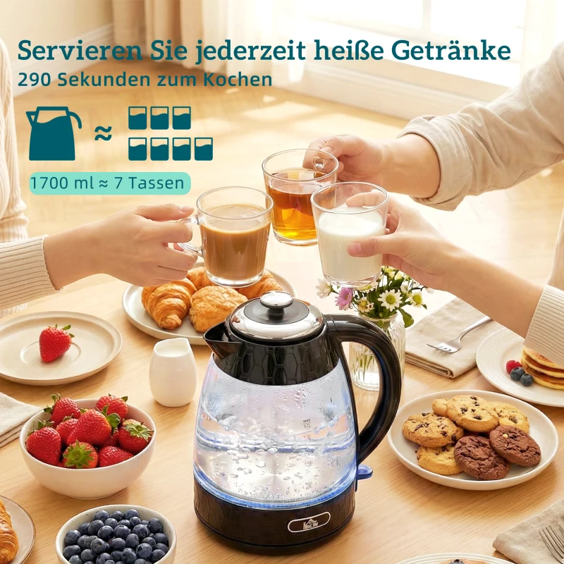 HOMCOM 1,7L 2200W Schnellkoch-Wasserkocher und 4-Scheiben-Toaster-Set mit Kalkfilter, Schwarz