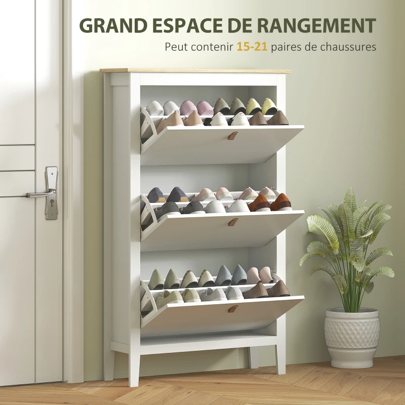 HOMCOM Meuble à chaussures 21 paires, armoire à chaussures avec 3 tiroirs rabattables, étagères amovibles et réglables, blanc