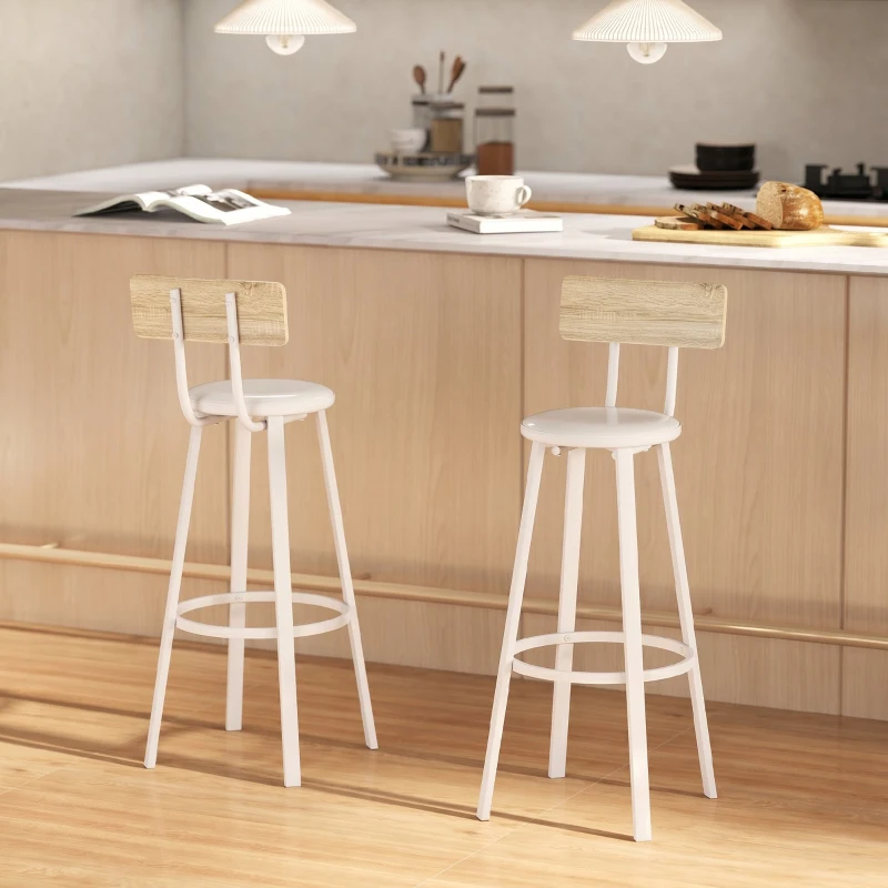 HOMCOM Lot de 2 tabourets de bar, chaises de bar, assise rembourrée 75,5H cm, dossier et repose-pieds, bois naturel et blanc