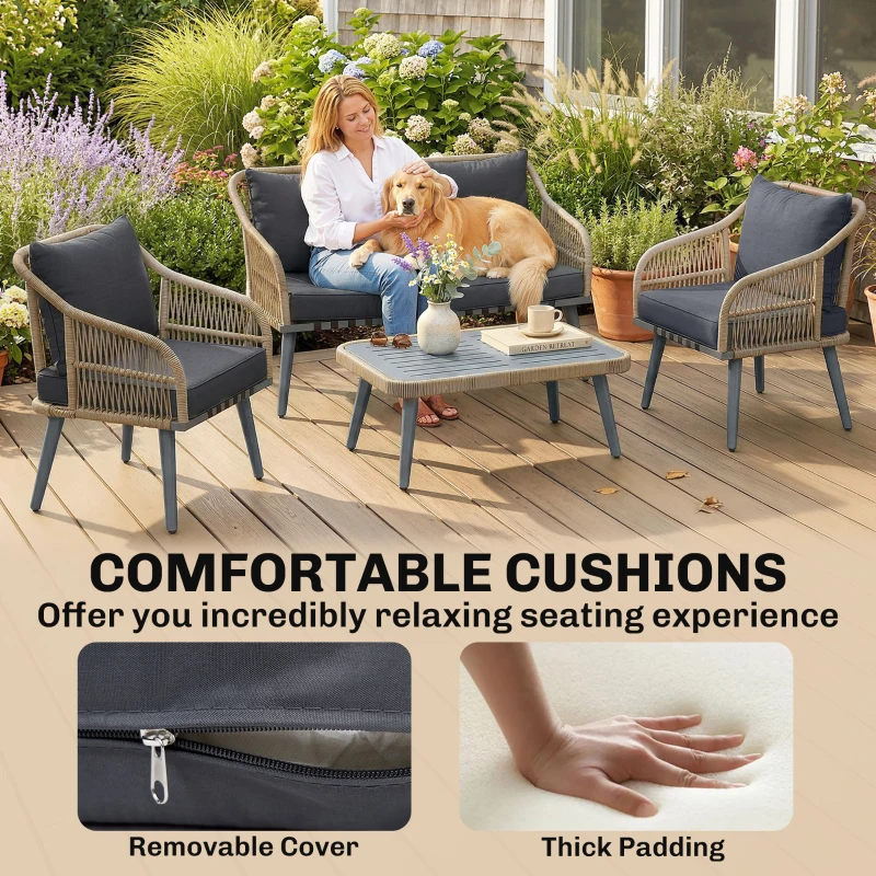 Outsunny 4 Piece Rattan Garden Furniture Set with Loveseat, Armchairs, Wood Table, Wicker Patio Conversation Set, Grey