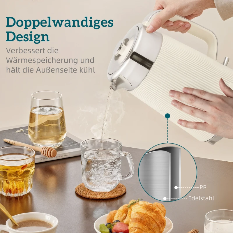 HOMCOM 2200W, 1,7L Wasserkocher mit Schnellkochfunktion, Entkalkungsfilter und 4-Scheiben-Toaster mit 7 Bräunungsstufen, Creme