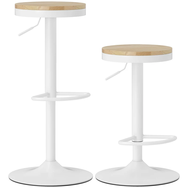 HOMCOM Barhocker 2er Set, Höhenverstellbar 360° Drehbar Barstuhl mit Stahlgestell Fußstütze 38,5x38,5x60-80 cm Naturholz+Weiß