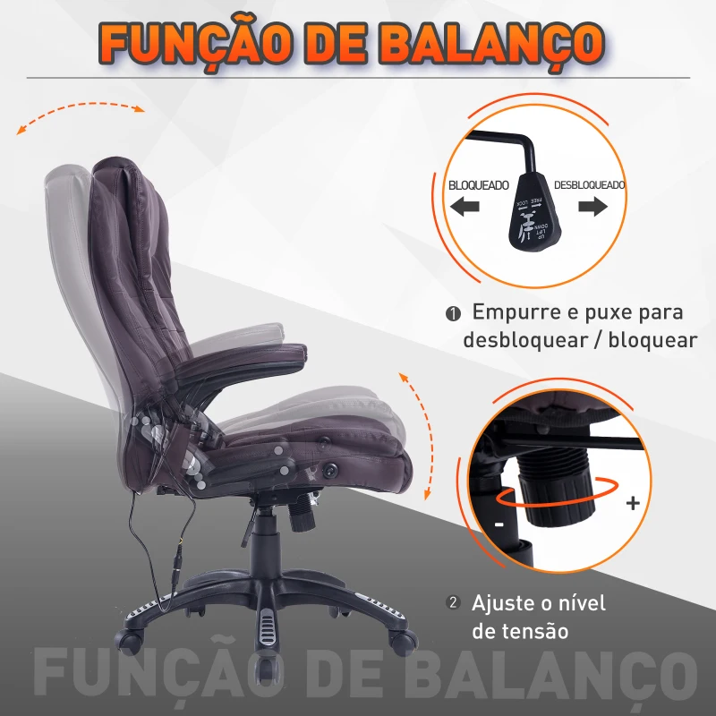 HOMCOM Cadeira de Escritório Tipo Poltrona Giratória Reclinável Cor Castanho 62x68x111-121 cm