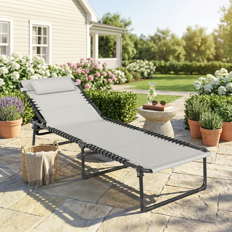 Outsunny Bain de Soleil transat Pliable Dossier inclinable Multi-Positions Acier thermoplastique Lacets élastiques Noir textilène crème