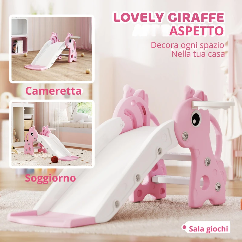AIYAPLAY Scivolo bambini 3-in-1 a forma di giraffa con canestro e pallone, 106×51,5×52 cm, Rosa