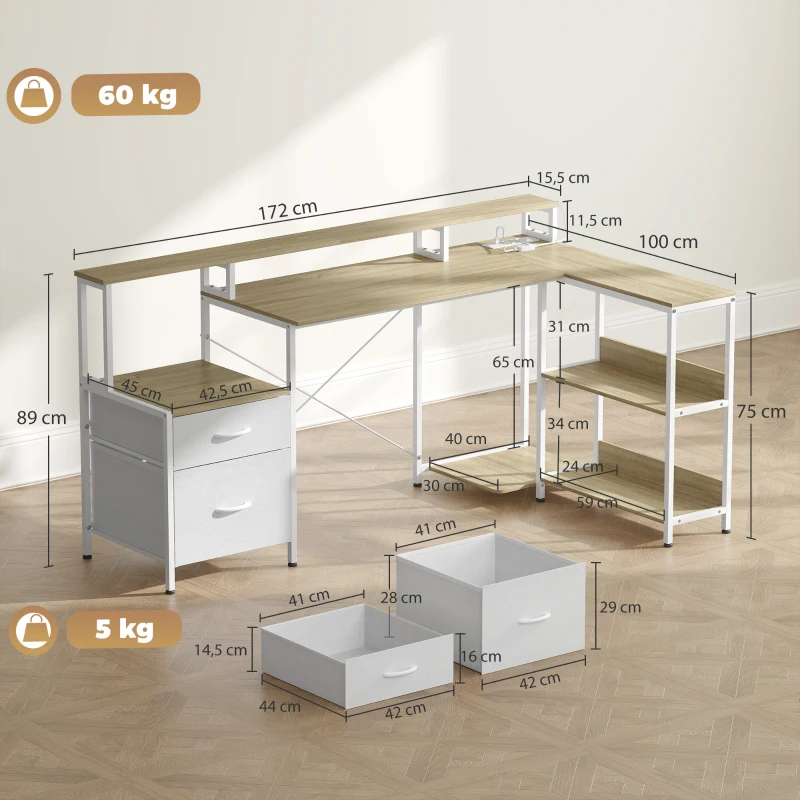 HOMCOM Eckschreibtisch mit Steckdosen und RGB-LED-Licht, Computerschreibtisch, 172 x 100 cm, Monitorhalter, 2 Schubladen, Weiß
