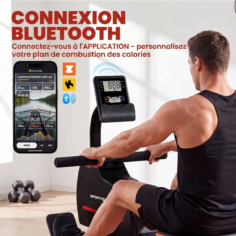 SPORTNOW Rameur Magnétique Appareil de Musculation Bluetooth Connecté Kinomap & Zwift 16 Niveaux de Résistance 135x42x72cm Rouge