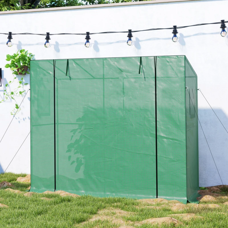 Outsunny Mini-Gewächshaus, Anlehn-Gewächshaus mit Rolltür und Netzfenstern, UV-beständig, für Blumen, Setzlinge, Pflanzen, Grün