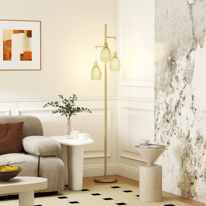 HOMCOM 3-Light Floor Lamp, 170cm Industrial Dimmable Standing Lamp with Steel Wire Cage Lampshades for Living Room, Bedroom, Dining Room, Study, Bulb Not Included, Gold Tone