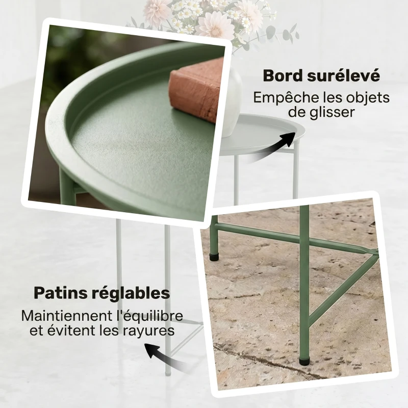 Outsunny Petite table basse ronde table d'appoint plateau amovible avec bord relevé pieds pliables en acier Ø 46 x 53 cm vert