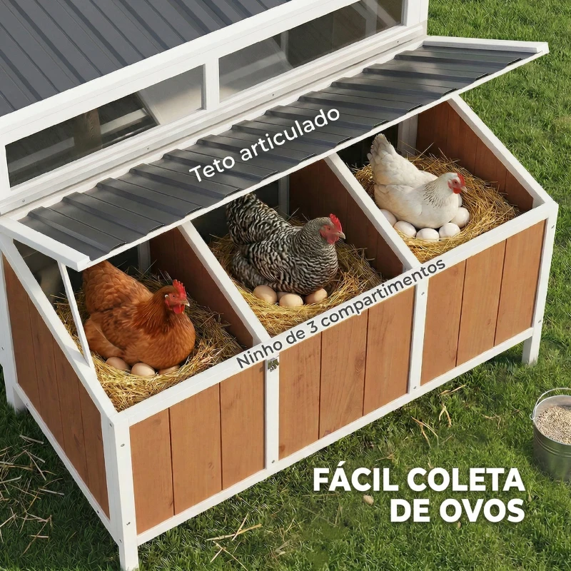 PawHut Galinheiro de Madeira Galinheiro de Exterior para 2-4 Galinhas com Casa Principal Ninho Bandeja Amovivel 145x90x92 cm Castanho Claro