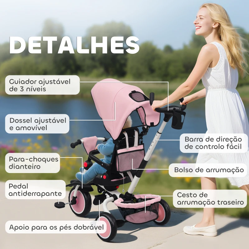 AIYAPLAY Triciclo Evolutivo 6 em 1 Dobrável Assento Giratório 360° Barra Parental Encosto Reclinável Toldo Rosa