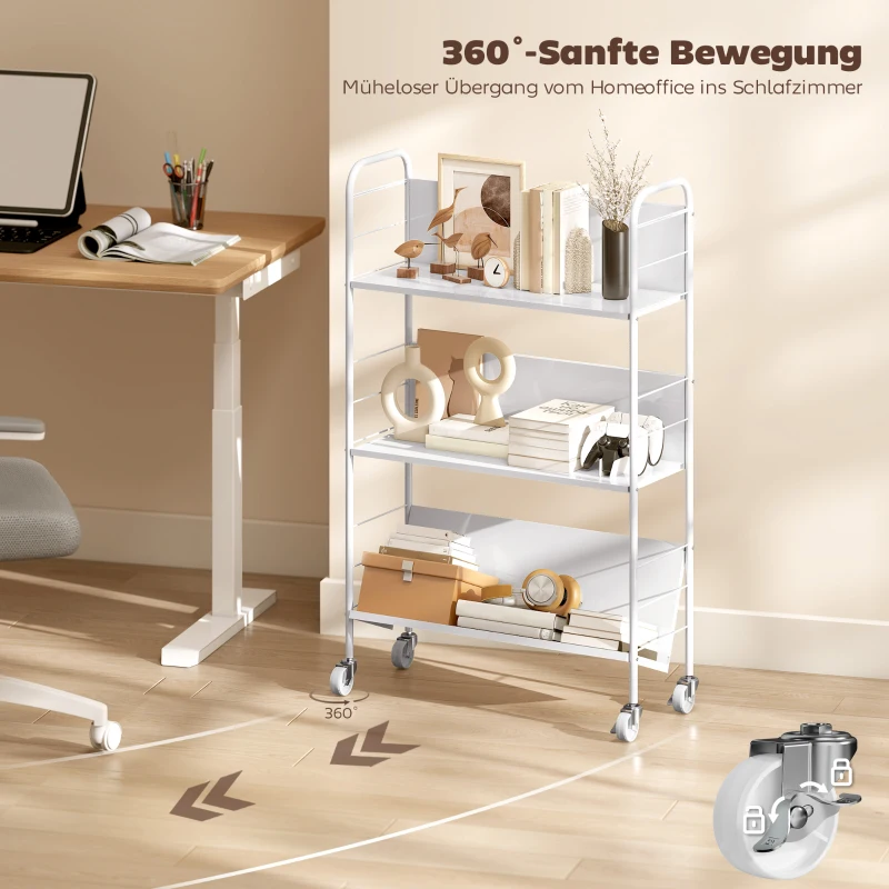 HOMCOM Bücherregal Aufbewahrungsregal mit 3 Ebenen, Rädern, Spielzeugregal für Schlafzimmer, 69 x 26 x 108 cm, Weiß