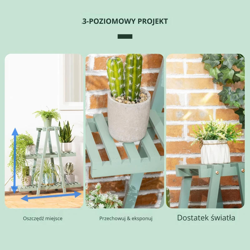 Stojak na rośliny Outsunny, 3-poziomowy, na 6 doniczek, stojak na kwiaty do ogrodu, balkonu, drewno, Jasnozielony, 76 x 26 x 76 cm