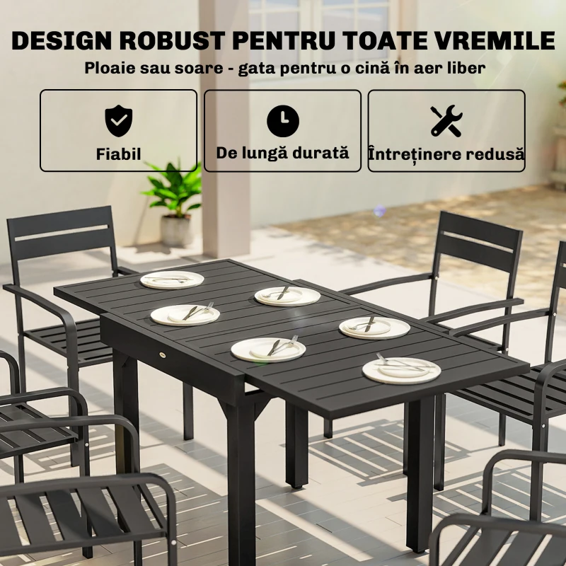 Outsunny Masă Extensibilă cu Șipci pentru Grădină, 4-6 Persoane, din Aluminiu și Oțel, 80/160x80 cm, Negru
