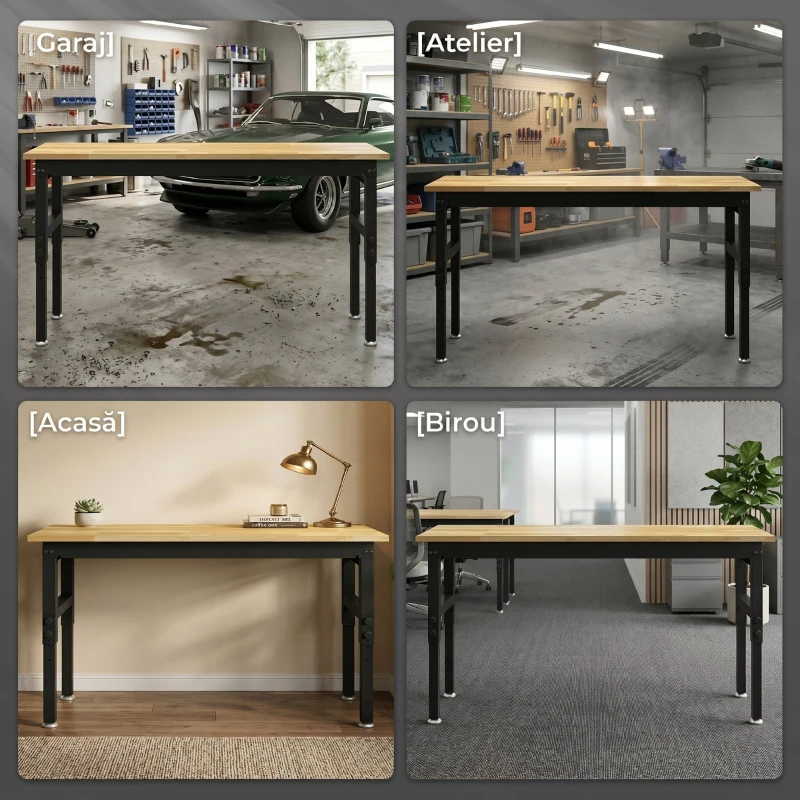 HOMCOM Masă de Lucru Reglabilă 122 cm, Blat Robust din Lemn de Cauciuc, 2 Prize AC și 2 Porturi USB, Panou Perforat, Capacitate 900 kg, pentru Garaj, Atelier și Casă