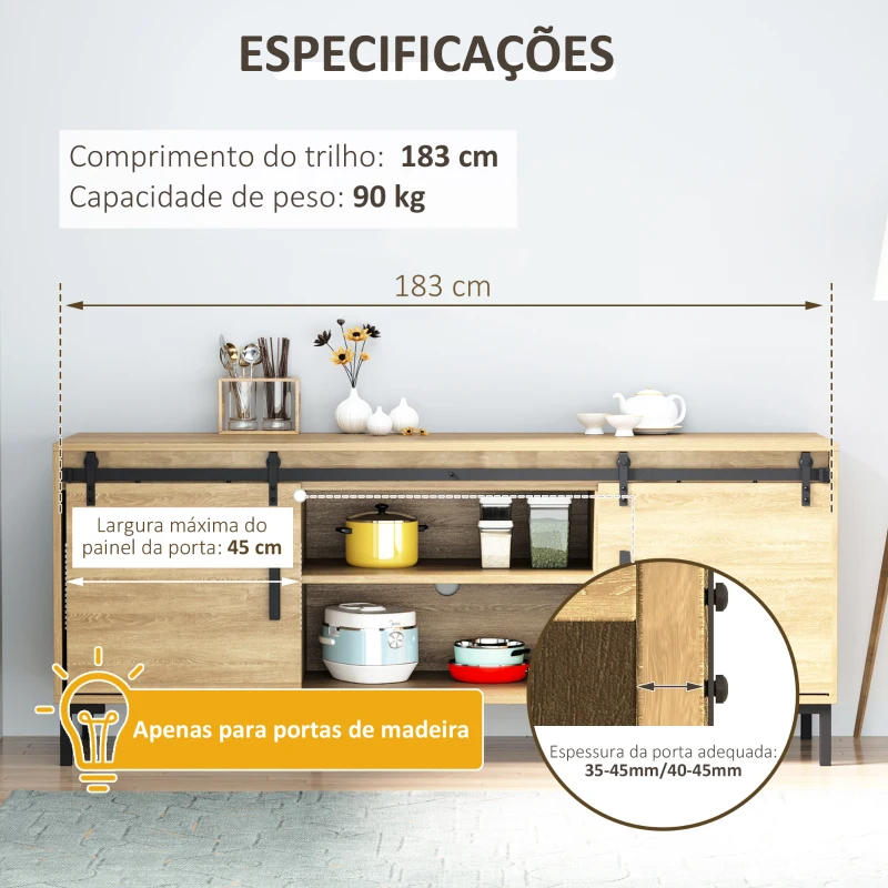 HOMCOM Ferragens para Portas de Correr 183 cm Kit para Porta de Correr Dupla em Madeira Largura 45 cm Aço Carbono Preto