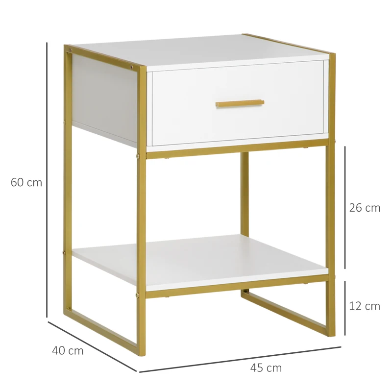 HOMCOM Set 2 noptiere moderne cu sertar și raft deschis din MDF și oțel, 45x40x60cm, alb și auriu
